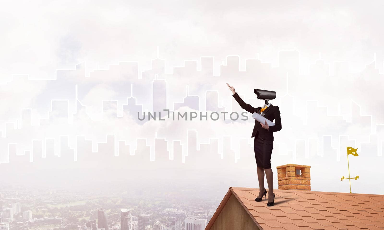 Faceless businesswoman with camera zoom instead of head standing on house roof