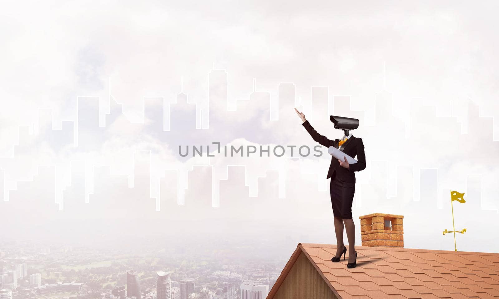 Faceless businesswoman with camera zoom instead of head standing on house roof