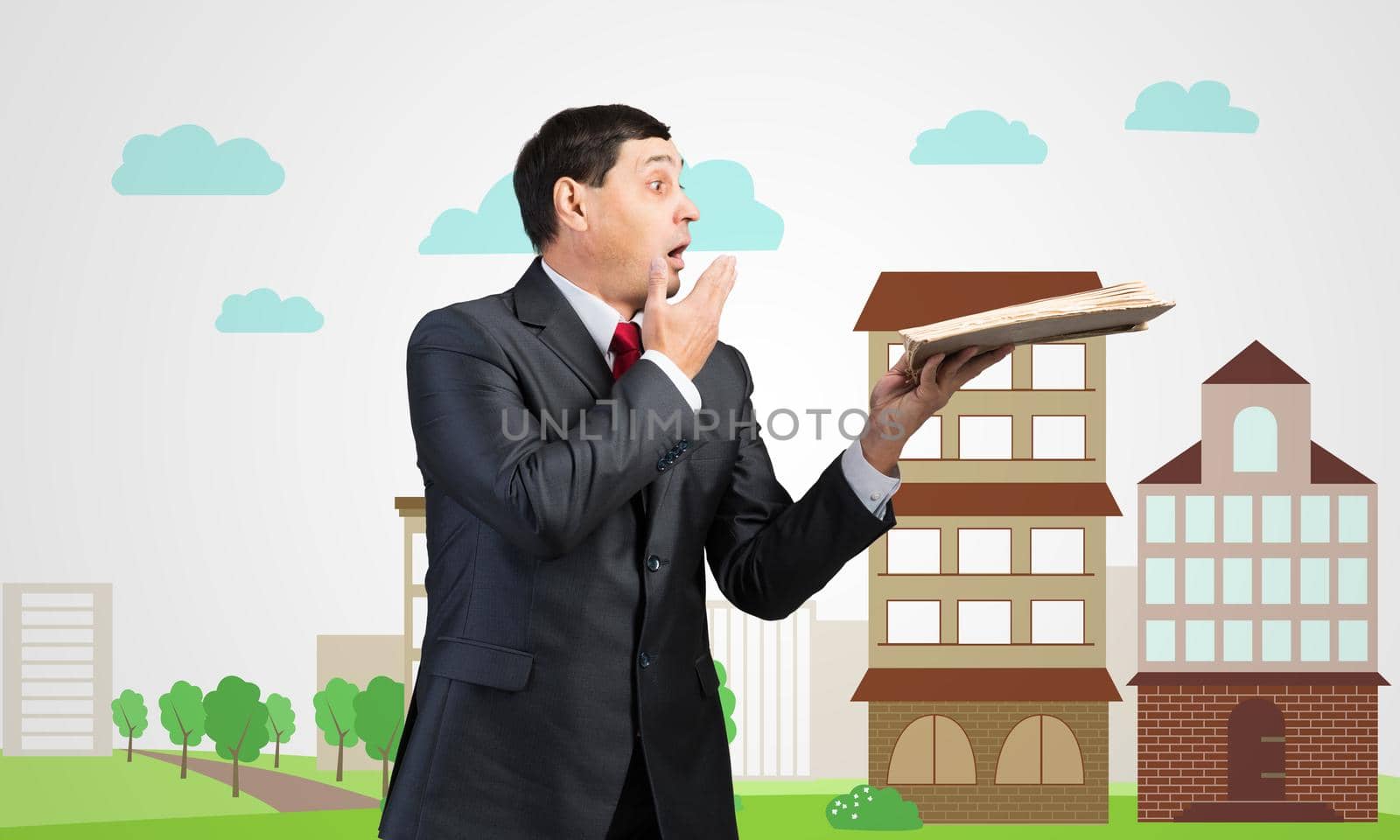 Surprised businessman holding open old book. Startled adult man in business suit and tie standing on downtown illustration background. Education and knowledges. Business bookkeeping concept