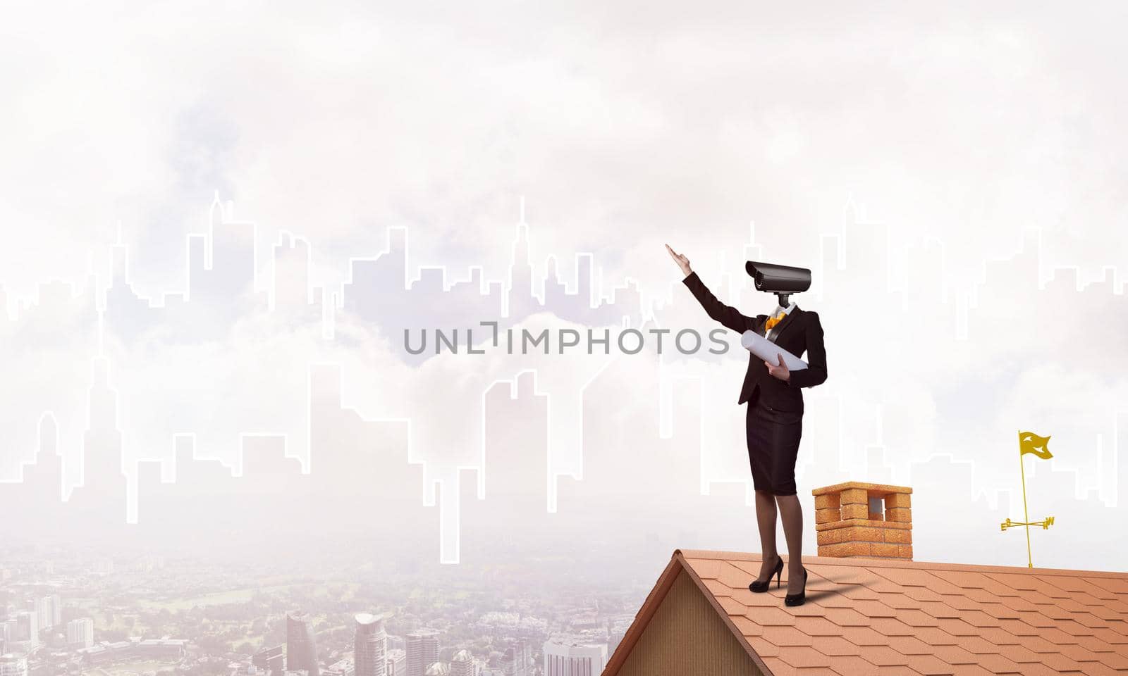 Faceless businesswoman with camera zoom instead of head standing on house roof
