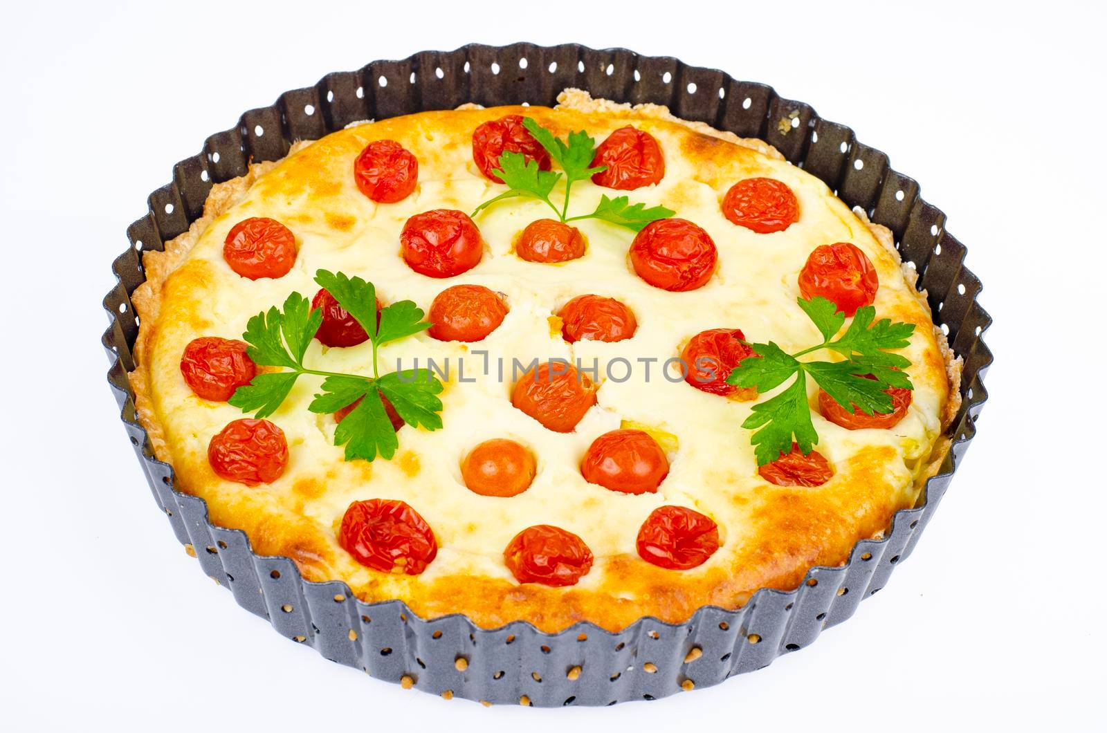 Homemade baking. Cherry tomato snack pie. Studio Photo. by ArtCookStudio