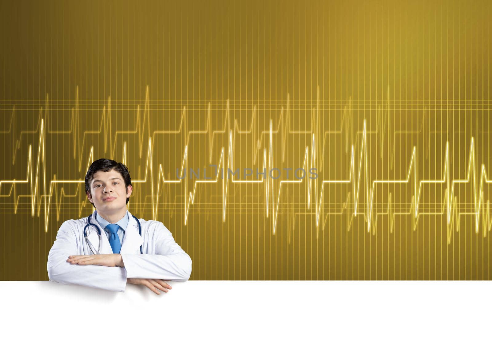 Young handsome doctor holding white blank banner. Place your text
