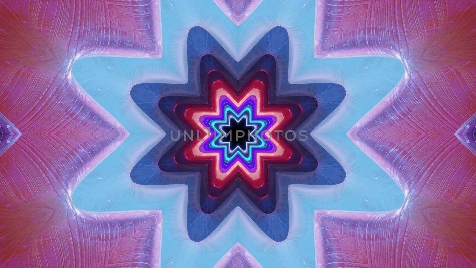 3d illustration of 4K UHD abstract background of bright endless corridor in shape of flower glowing with neon lights
