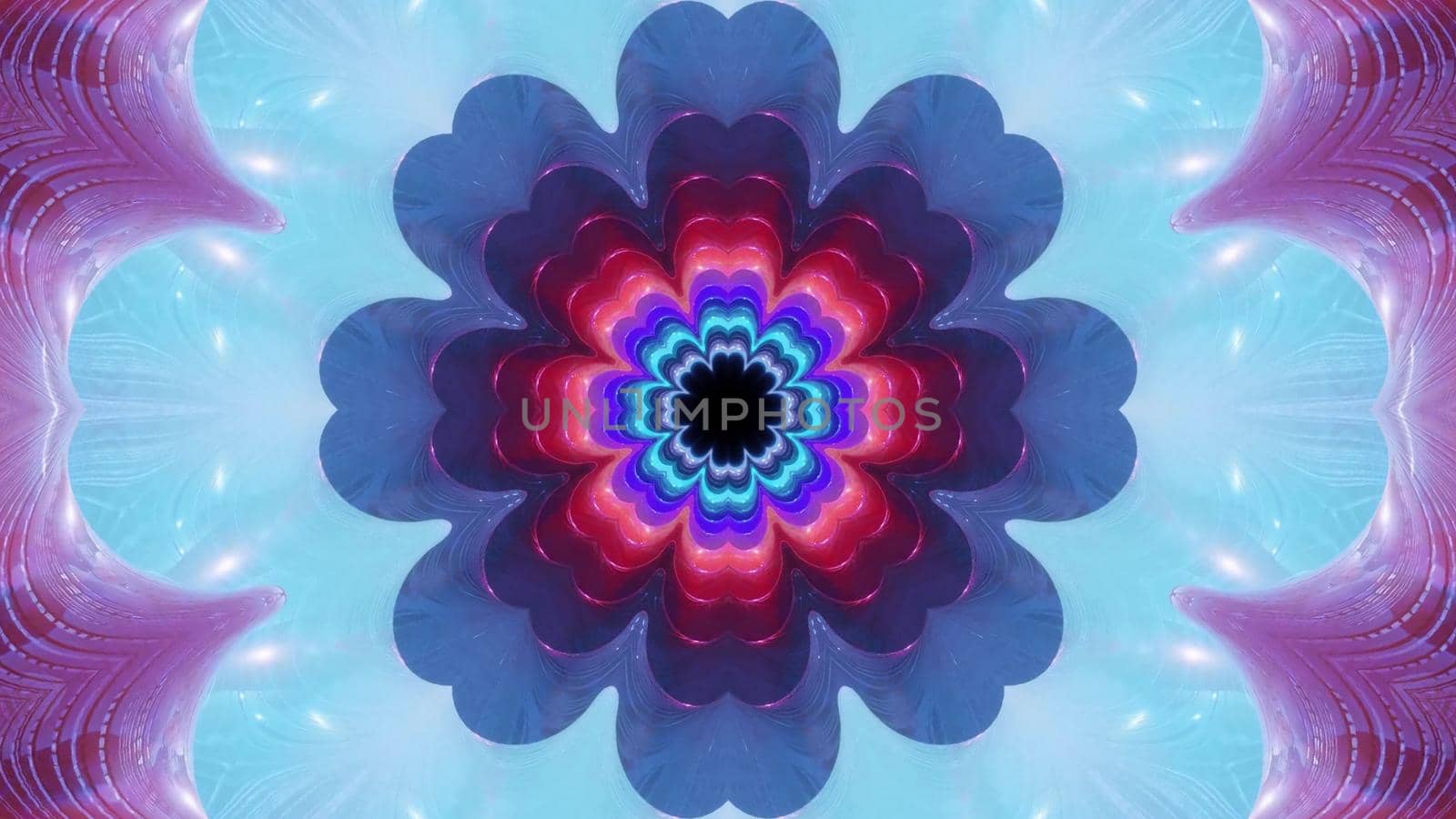 3d illustration of 4K UHD abstract background of ornamental creative flower shaped corridor illuminated with blue and pink neon colors