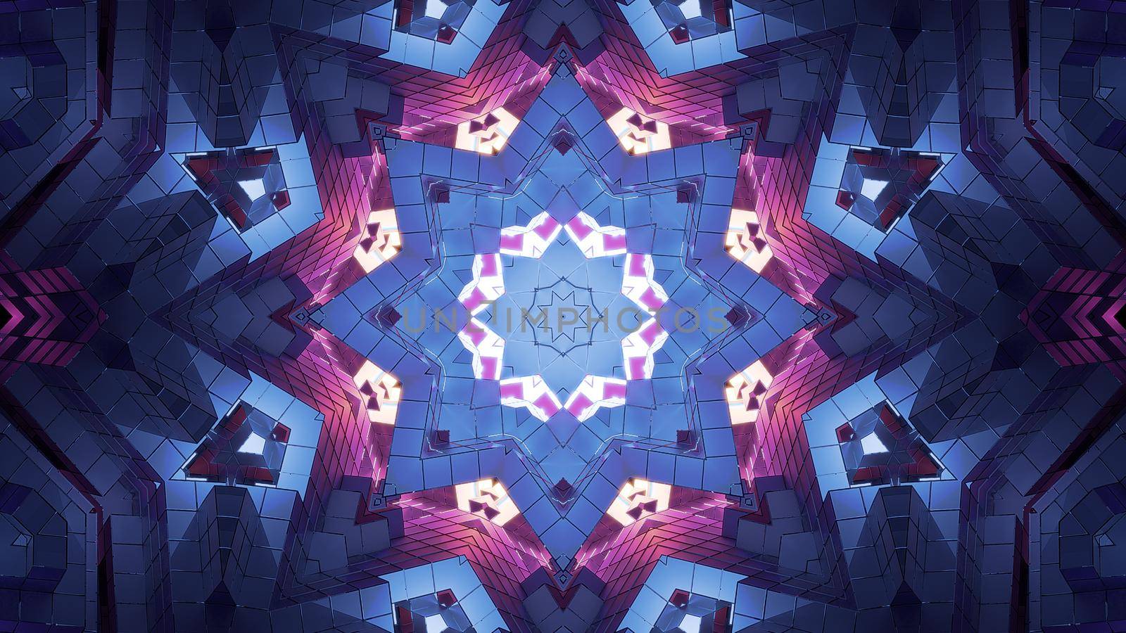 4K UHD 3D illustration of colorful star shaped tunnel formed with pink and blue neon geometric crystals