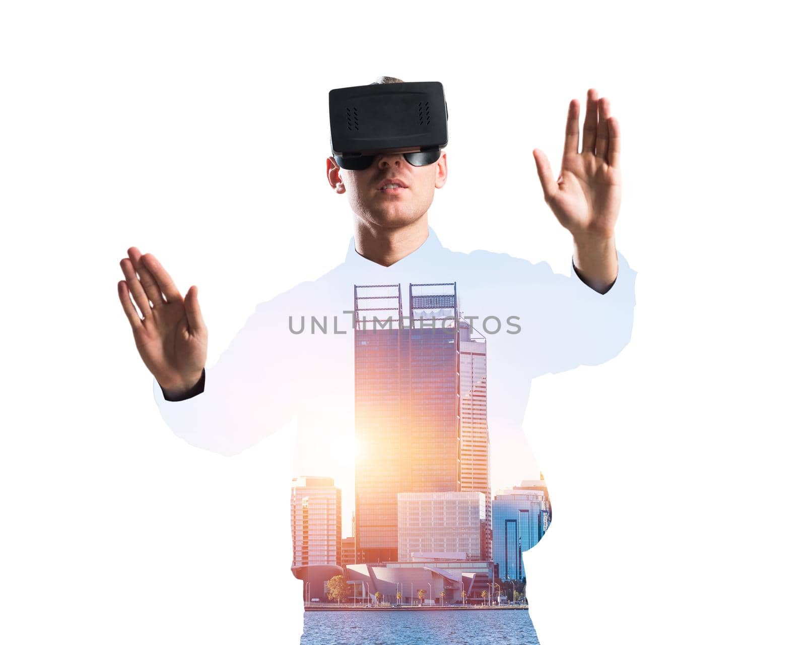 Young man with virtual reality headset or 3d glasses over cityscape background