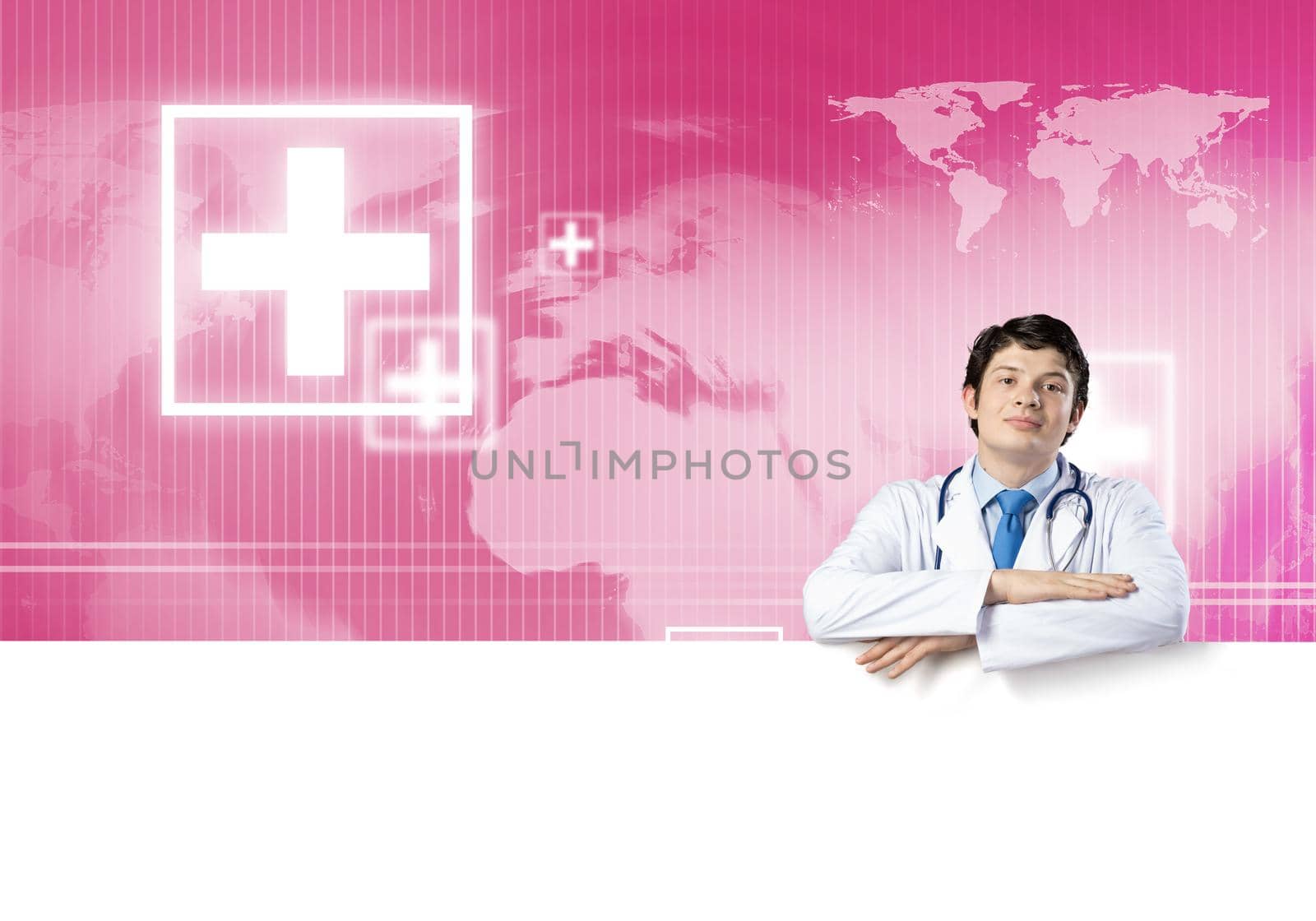Young handsome doctor holding white blank banner. Place your text