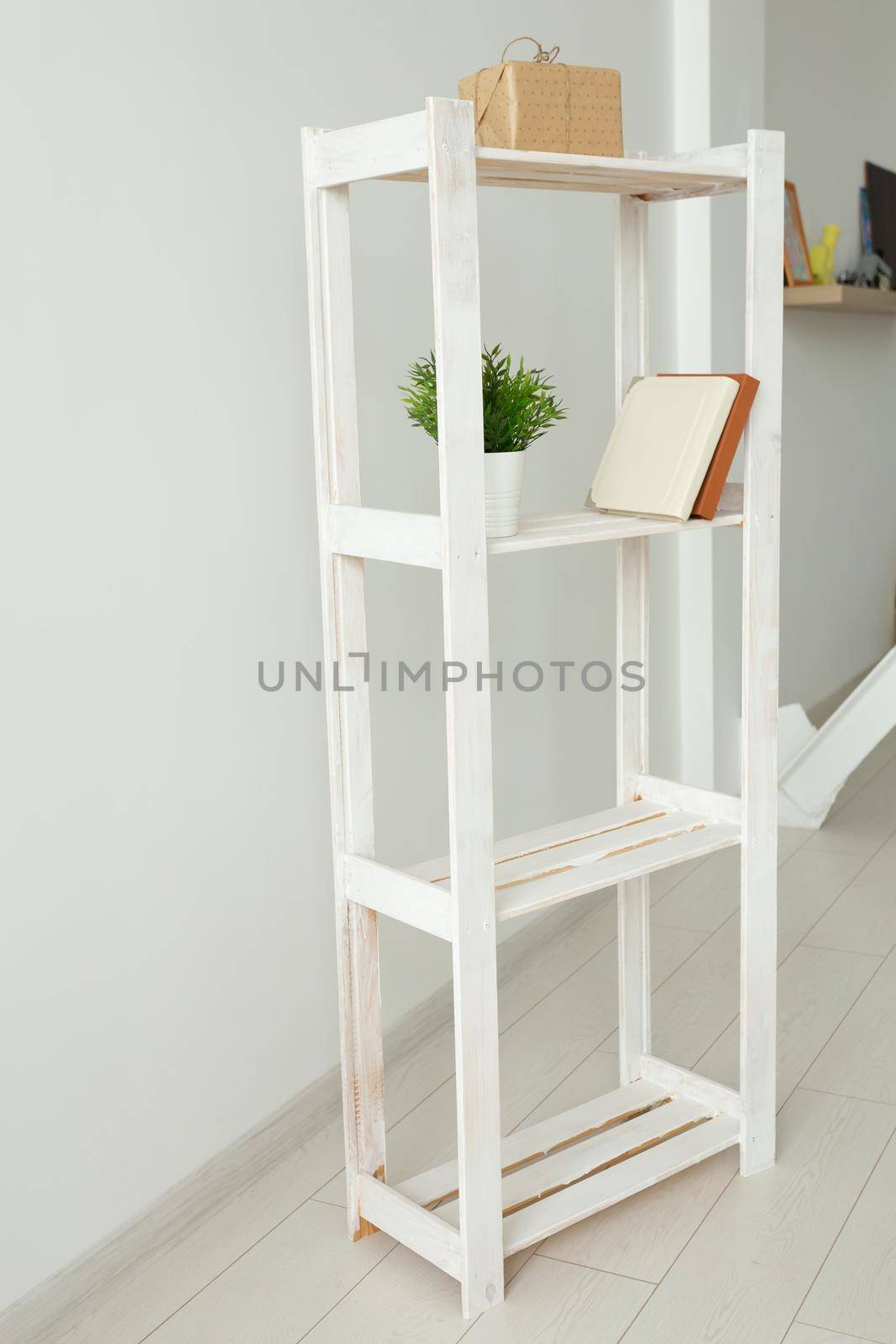 Rack with books and plant. Interior, minimalism and room decor. by Satura86