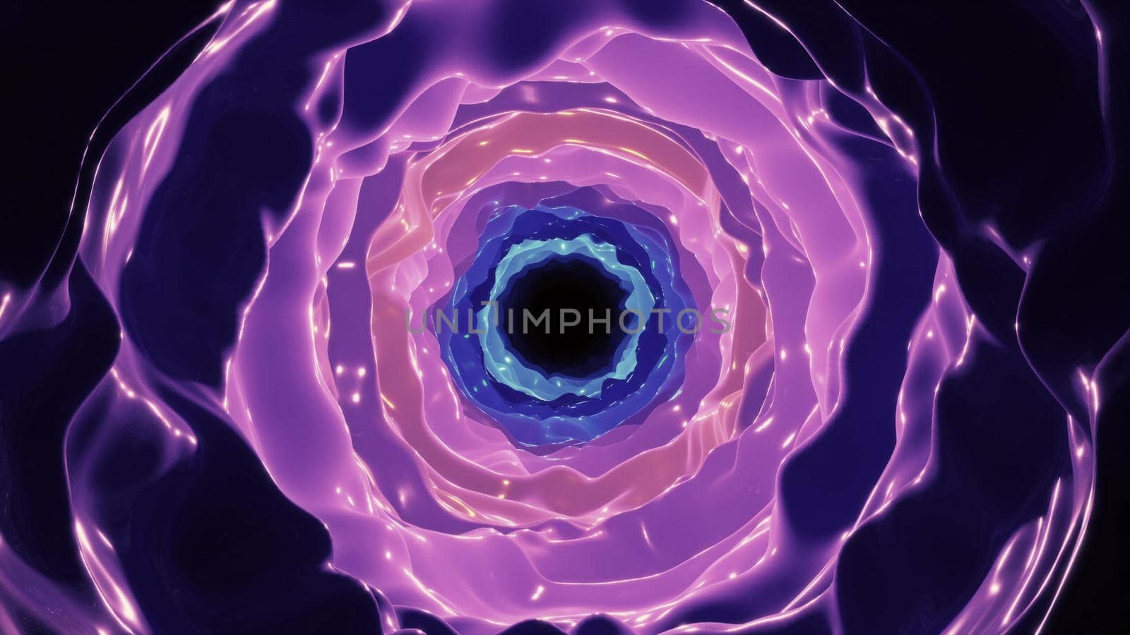 4K UHD 3D illustration of abstract wavy swirls glowing with purple neon light and forming tunnel