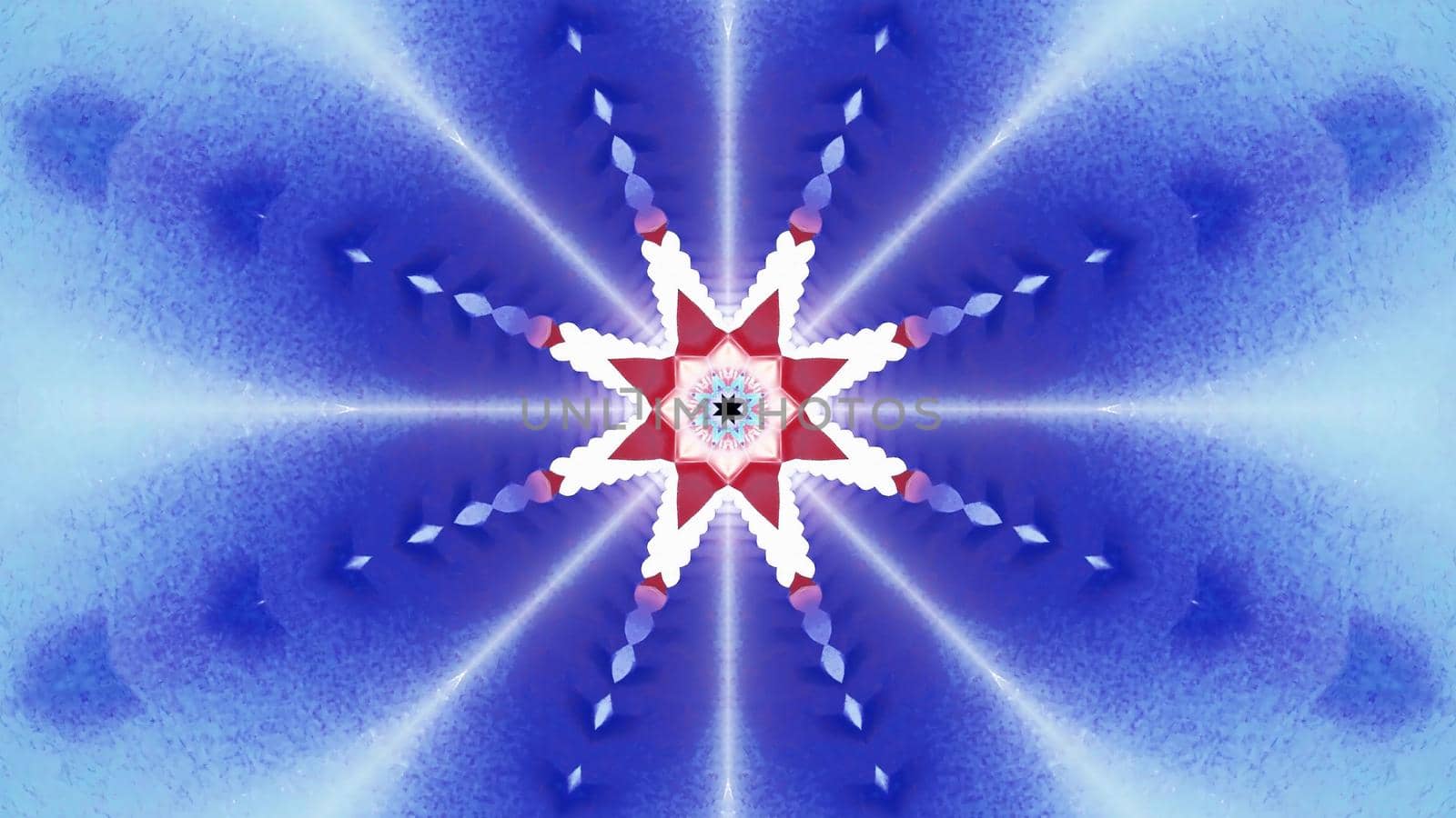 4K UHD 3D illustration of vivid star shaped ornament shimmering with neon light on blue background