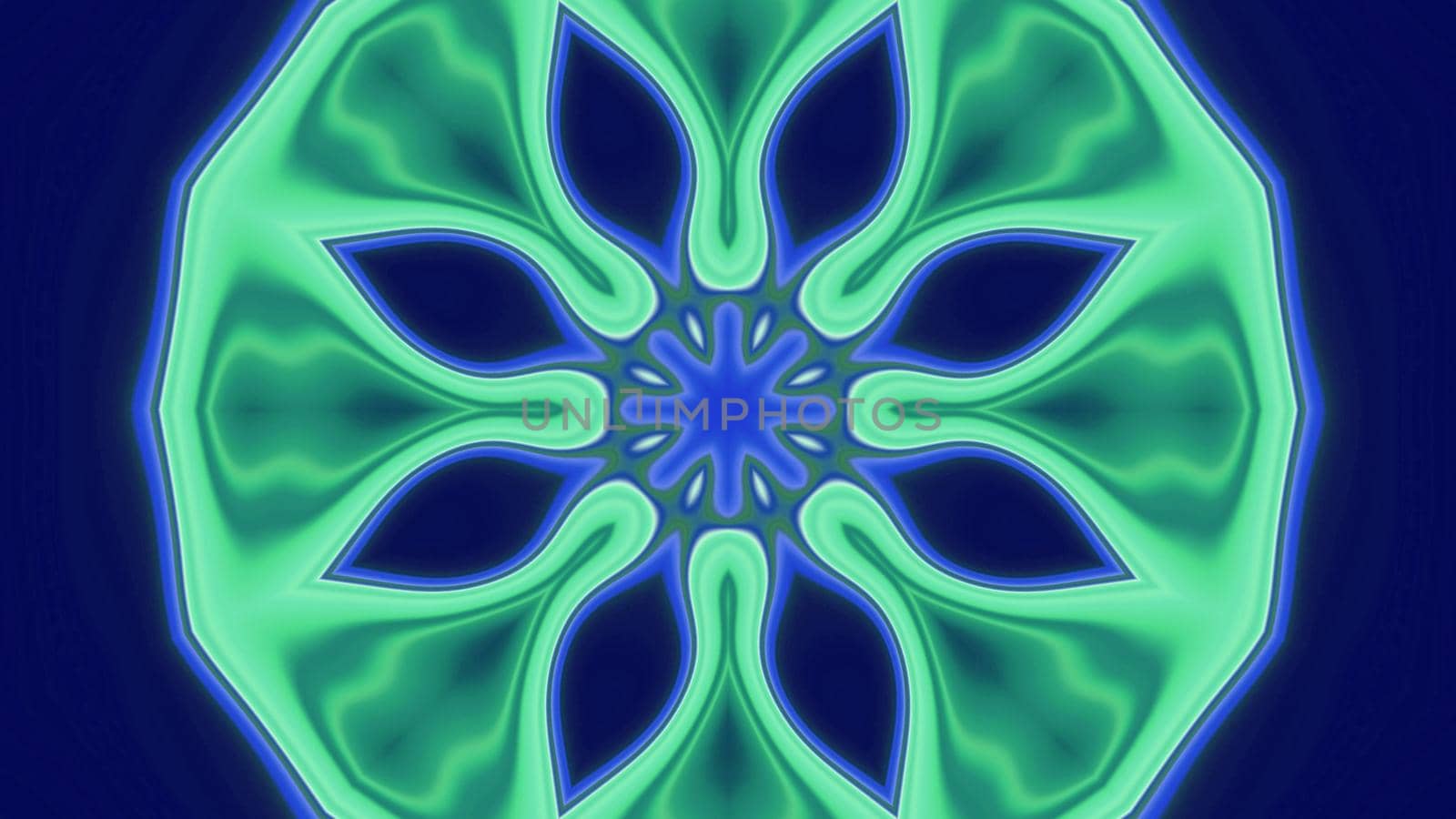 3d illustration of 4K UHD abstract background of flower shaped symmetric corridor with blue and green neon illumination