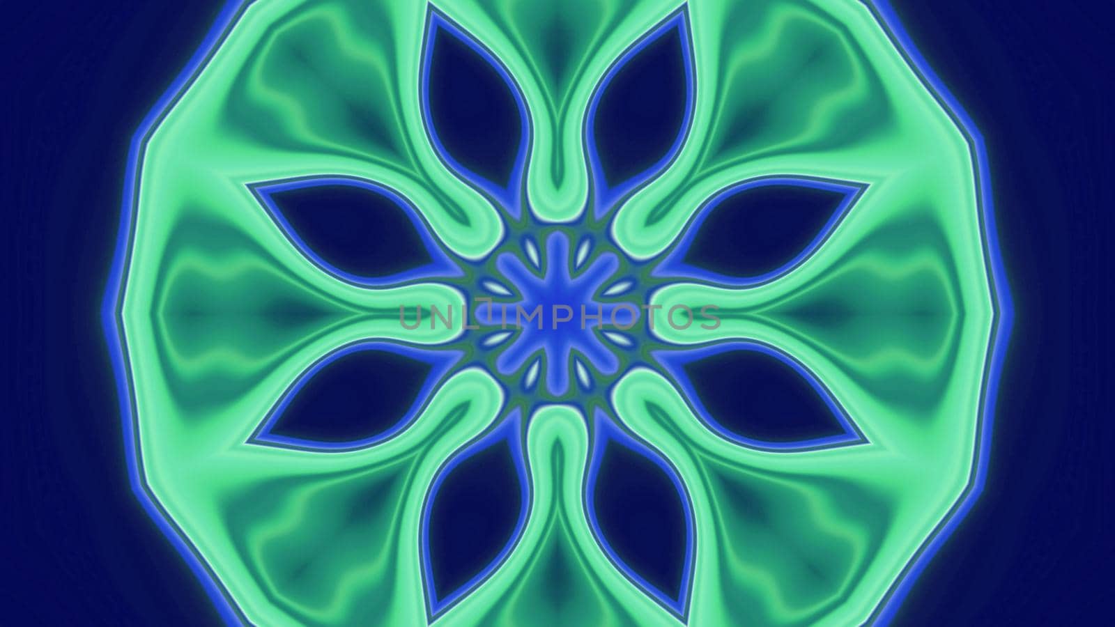 3d illustration of 4K UHD abstract background of flower shaped symmetric corridor with blue and green neon illumination