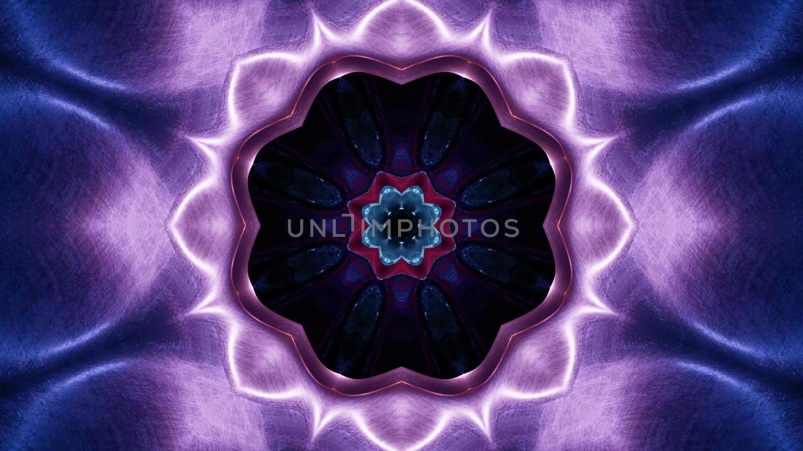 3d illustration of 4K UHD abstract background of geometric tunnel with flower shaped ornament glowing with purple neon light