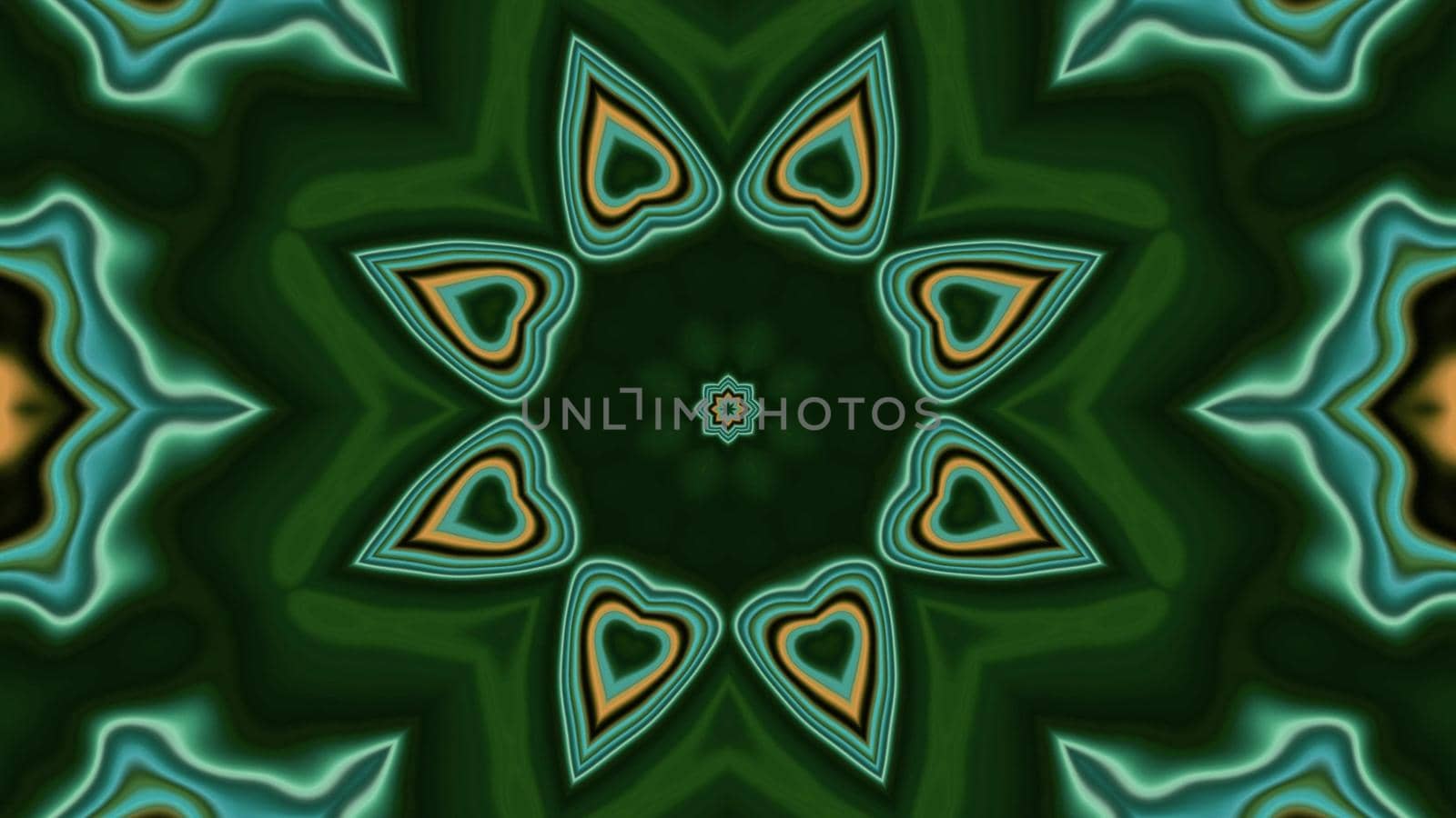 3d illustration of 4K UHD abstract background of symmetric star shaped corridor with kaleidoscopic pattern with neon colors