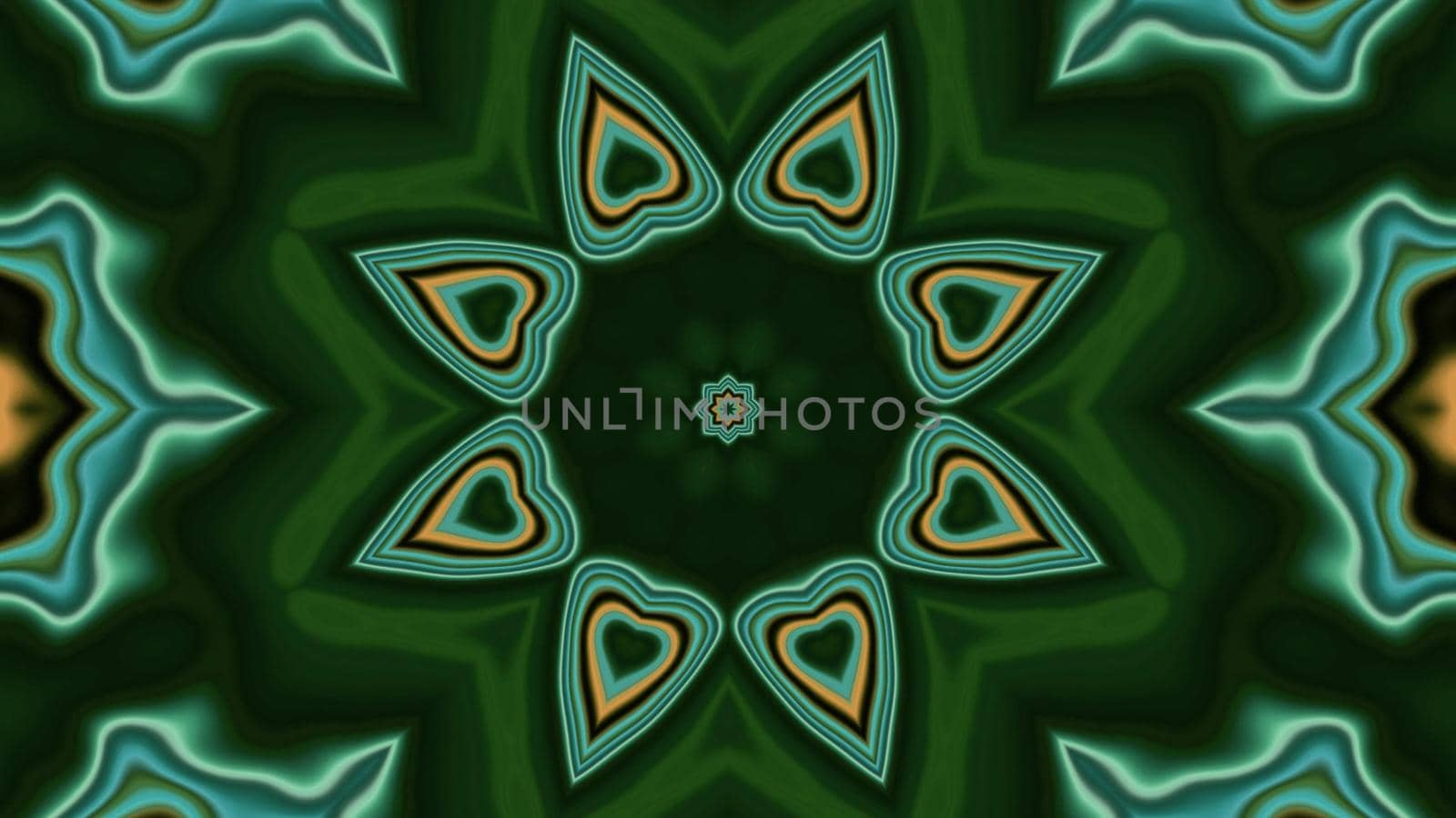 3d illustration of 4K UHD abstract background of symmetric star shaped corridor with kaleidoscopic pattern with neon colors