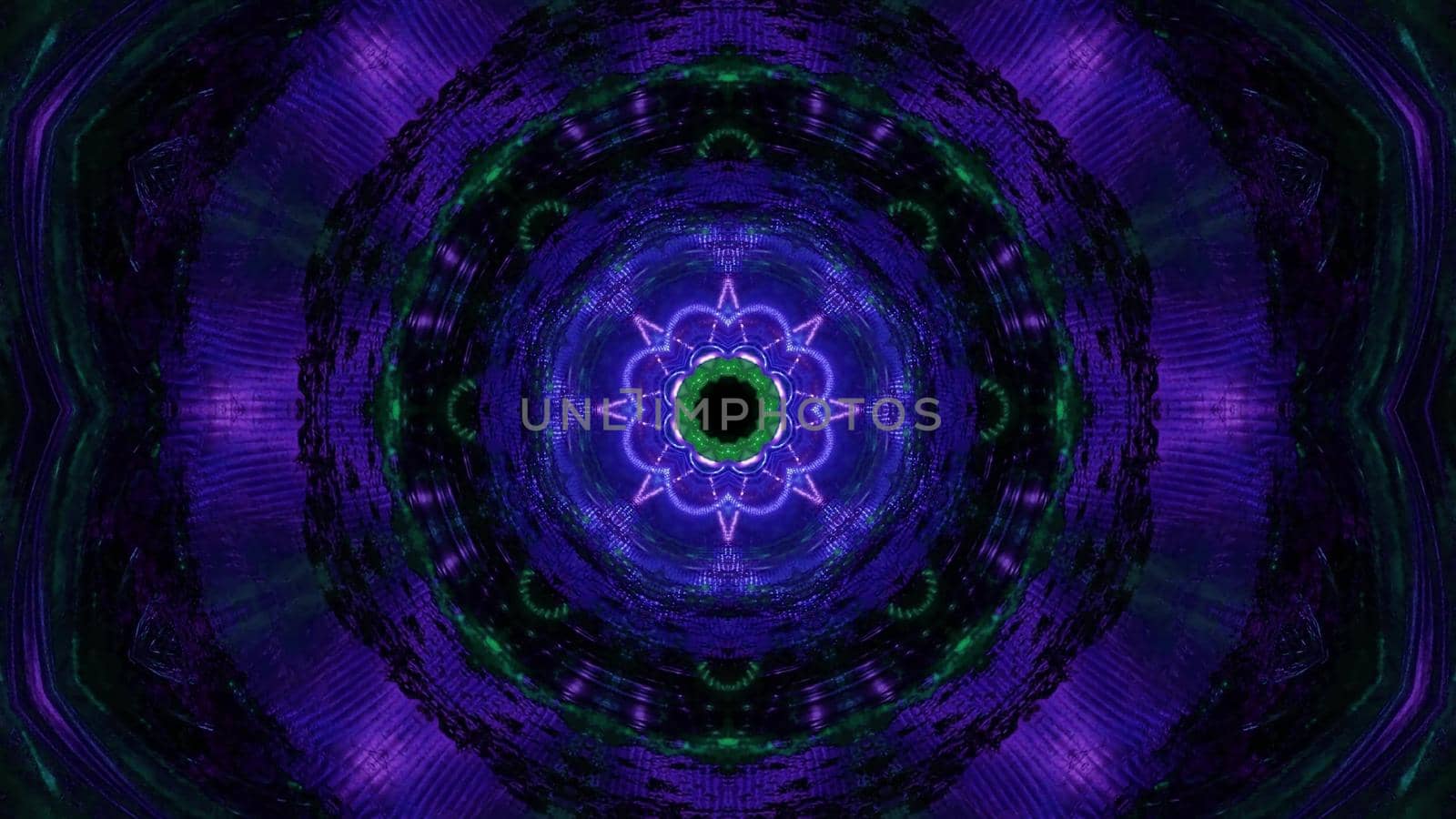 3d illustration of 4K UHD abstract background of symmetric ornamental tunnel illuminated by blue and green neon colors