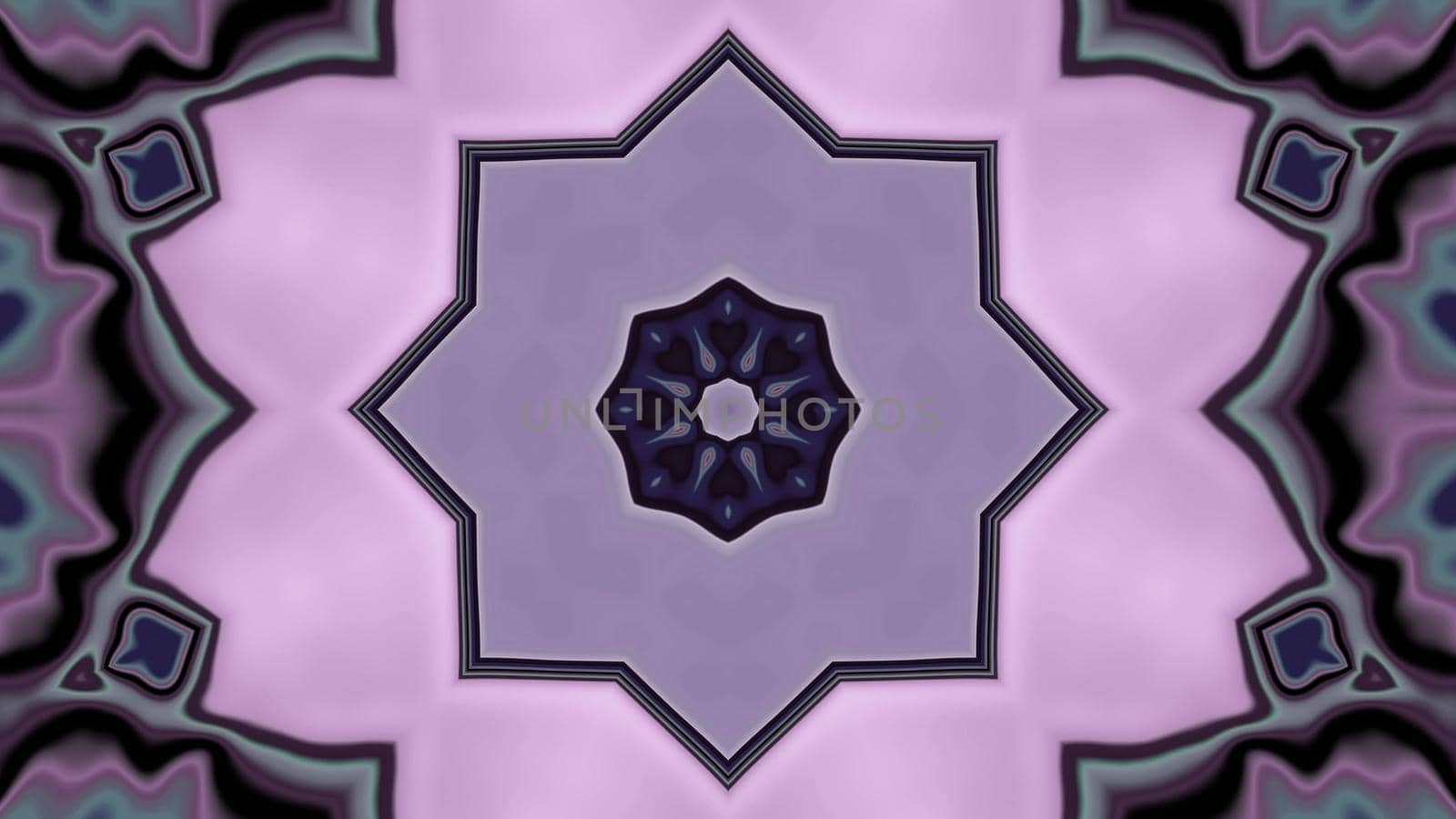 4K UHD 3D illustration of symmetric star shaped ornament glowing with purple neon light