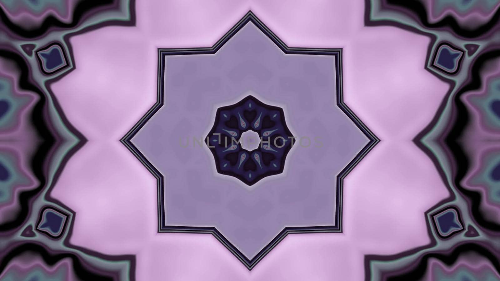 4K UHD 3D illustration of symmetric star shaped ornament glowing with purple neon light