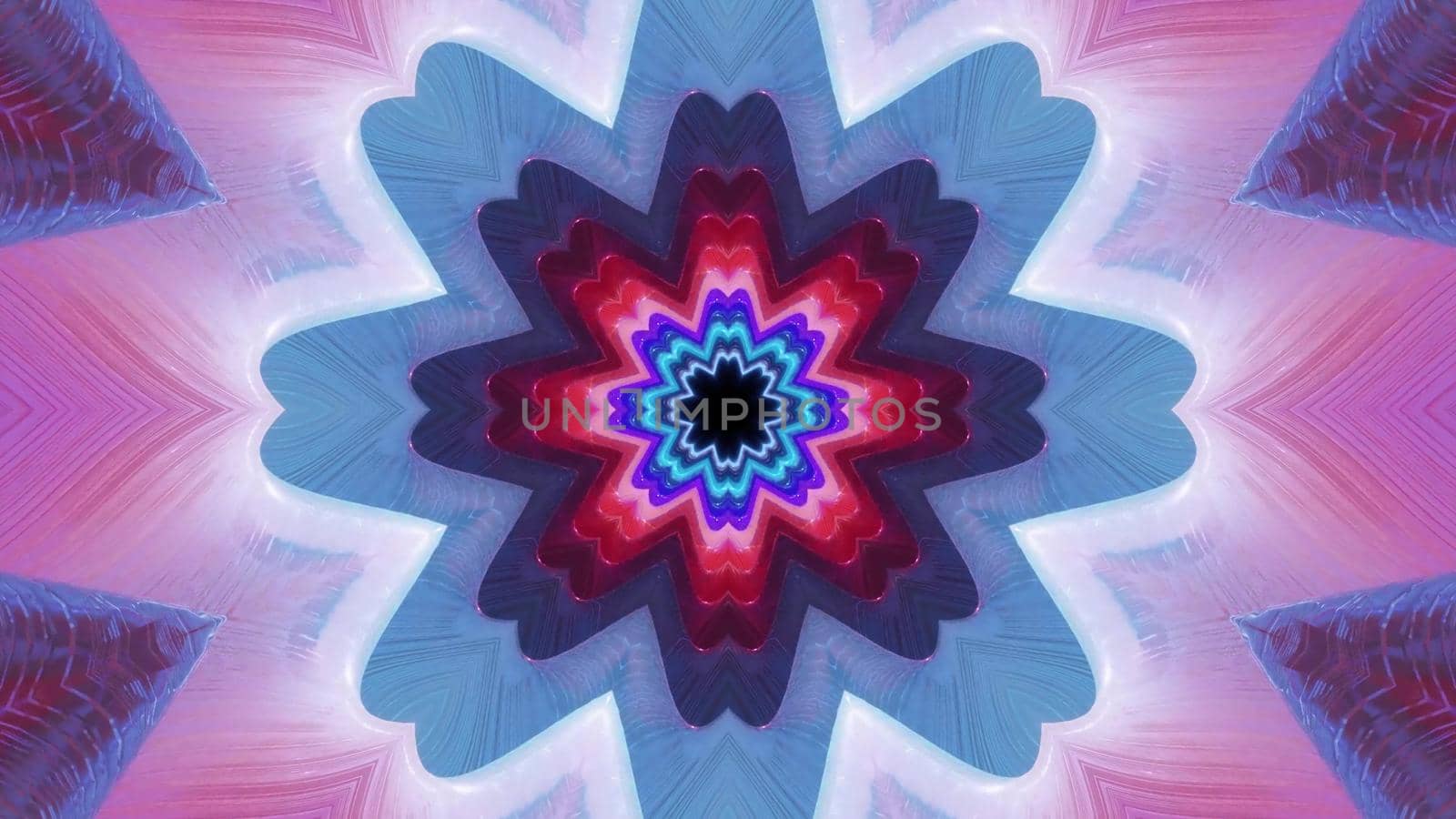 3d illustration of 4K UHD abstract background of creative corridor in shape of flower glowing with colorful neon lights
