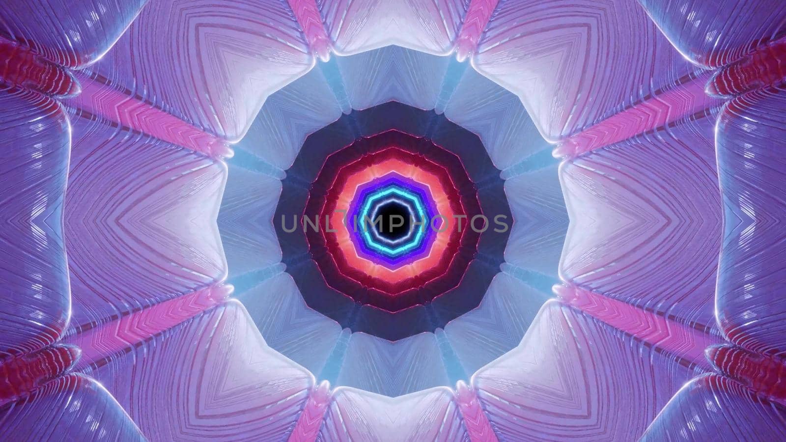 3d illustration of 4K UHD abstract background of ornamental round shaped tunnel glowing with neon illumination