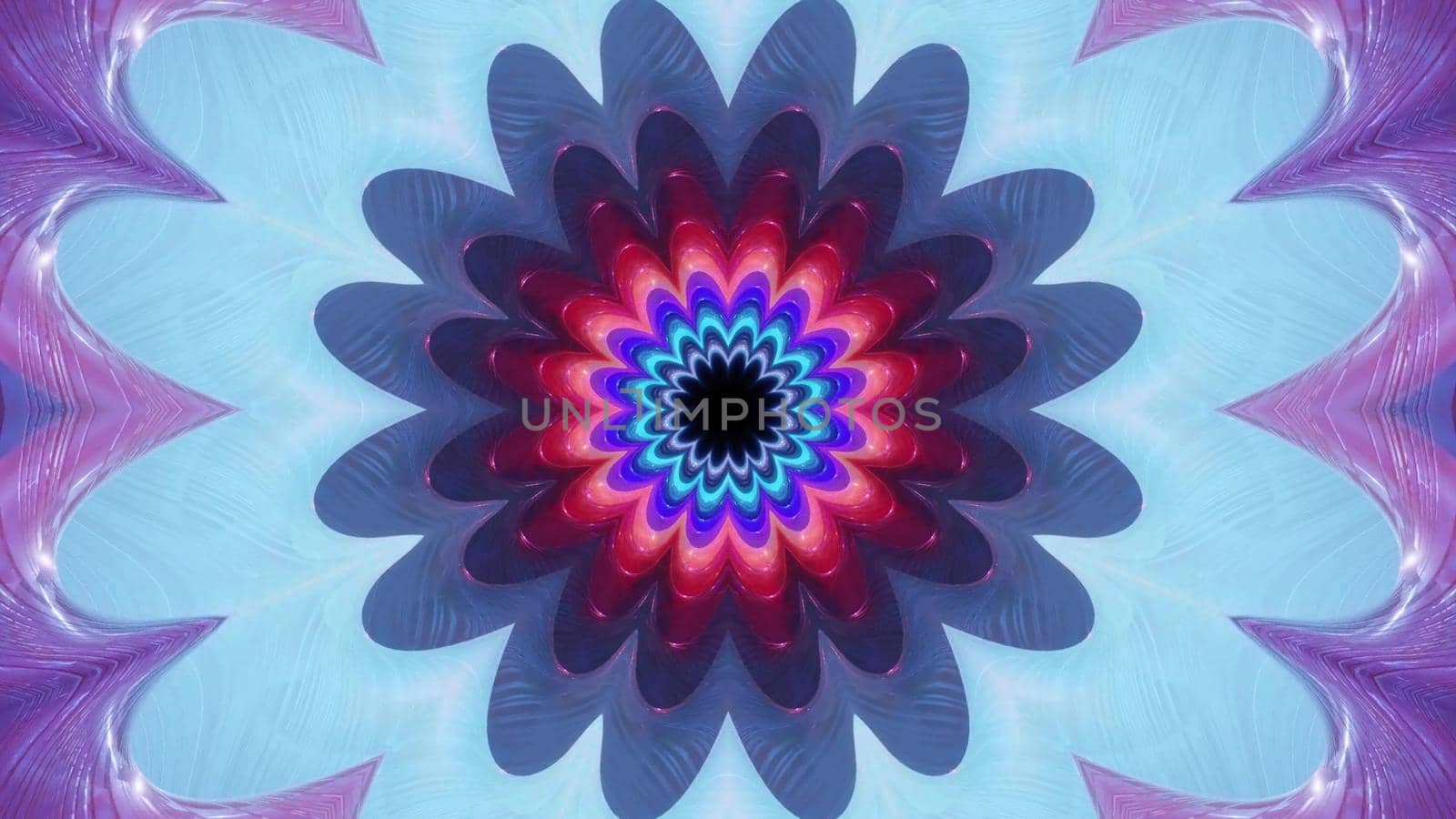3d illustration of 4K UHD abstract background of symmetric endless corridor in shape of flower illuminated with neon lights