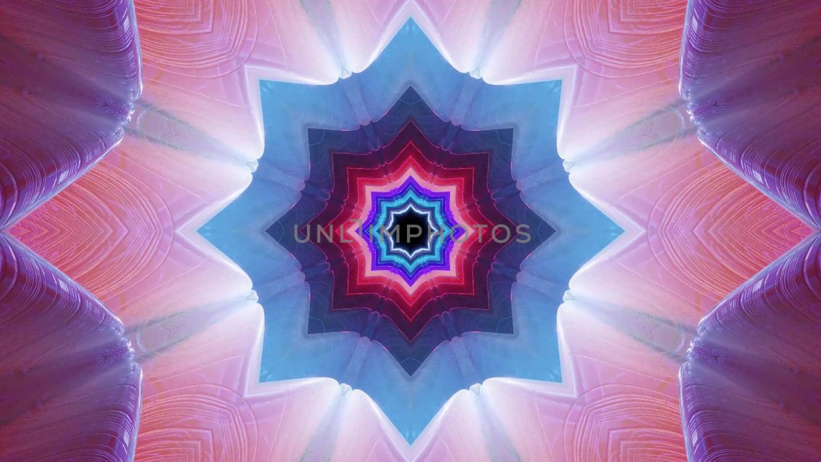 3d illustration of 4K UHD abstract background of vivid star shaped tunnel glowing with neon colors