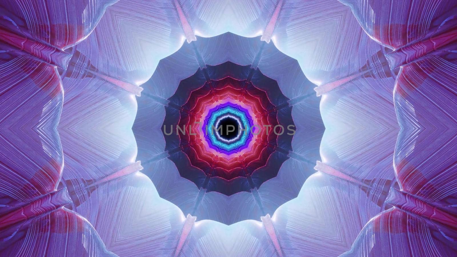 3d illustration of 4K UHD abstract background of bright glowing corridor in shape of circle with neon illumination