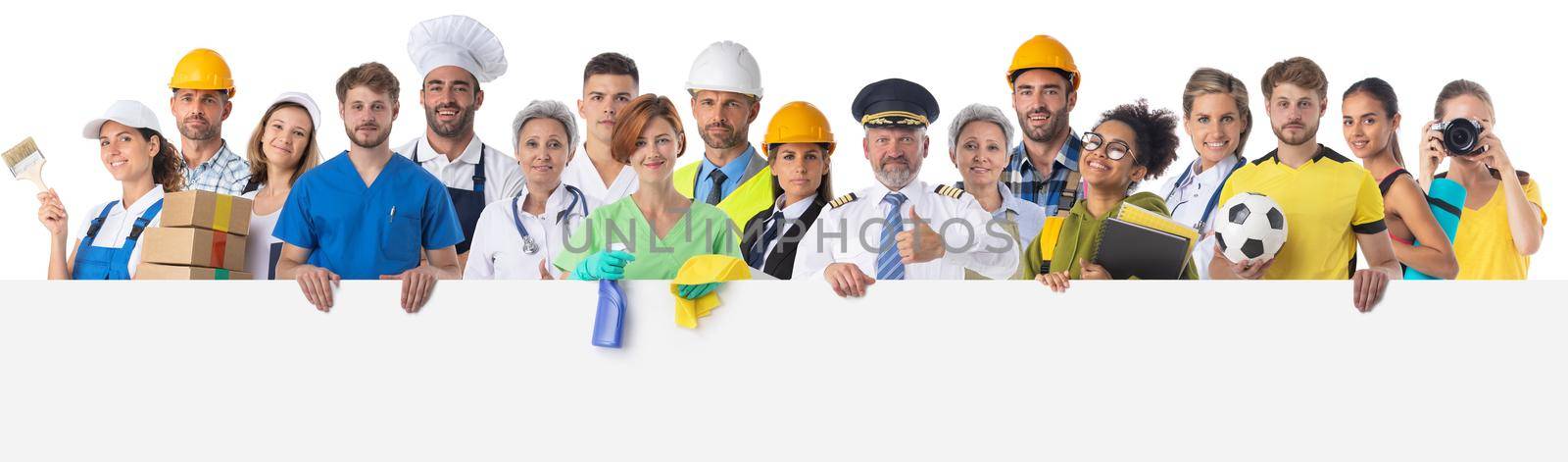 Group of diverse professionals presenting empty banner. Isolated on white background, Copy space for text