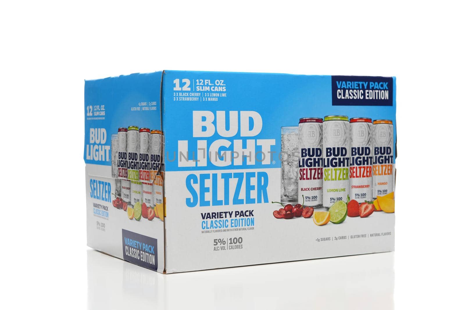 IRIVNE, CALIFORNIA - 2 JULY 2021: Bud Light Seltzer 12 pack side end view. Lemon Lime, Mango, Strawberry and Black Cherry flavored alcoholic beverage.