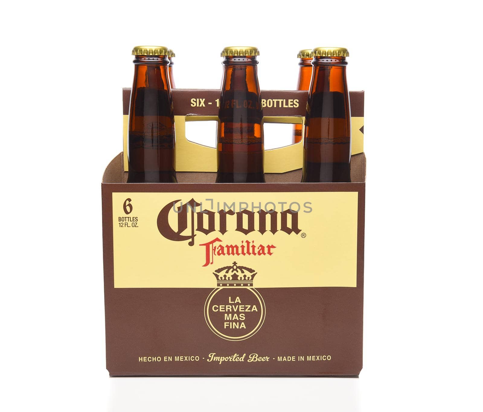 IRVINE, CALIFORNIA - MARCH 21, 2018: 6 pack of Corona Familiar beer side view. Familiar tastes like Corona Extra, but with a richer flavor. 