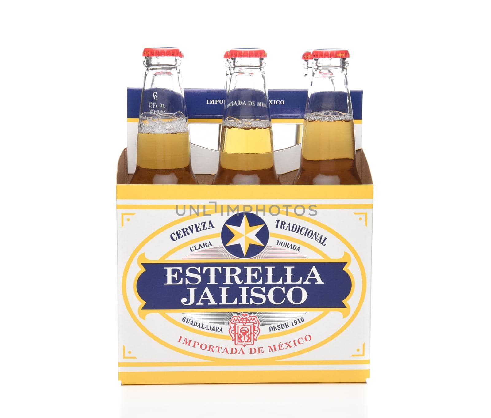 IRVINE, CALIFORNIA - MARCH 21, 2018: Six pack of Estrella Jalisco Beer side view. Estrella Jalisco is a American Lager style beer brewed by Grupo Modelo,