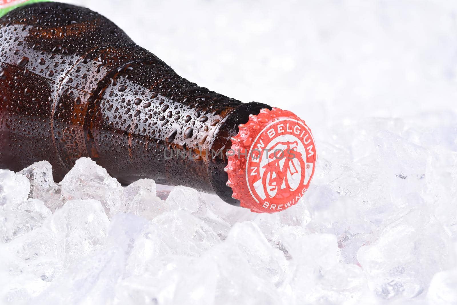 IRVINE, CA - JULY 16, 2017: New Belgium Brewing Company bottle on ice. A craft brewery located in Fort Collins, Colorado. It was opened in 1991 by Jeff Lebesch and Kim Jordan.