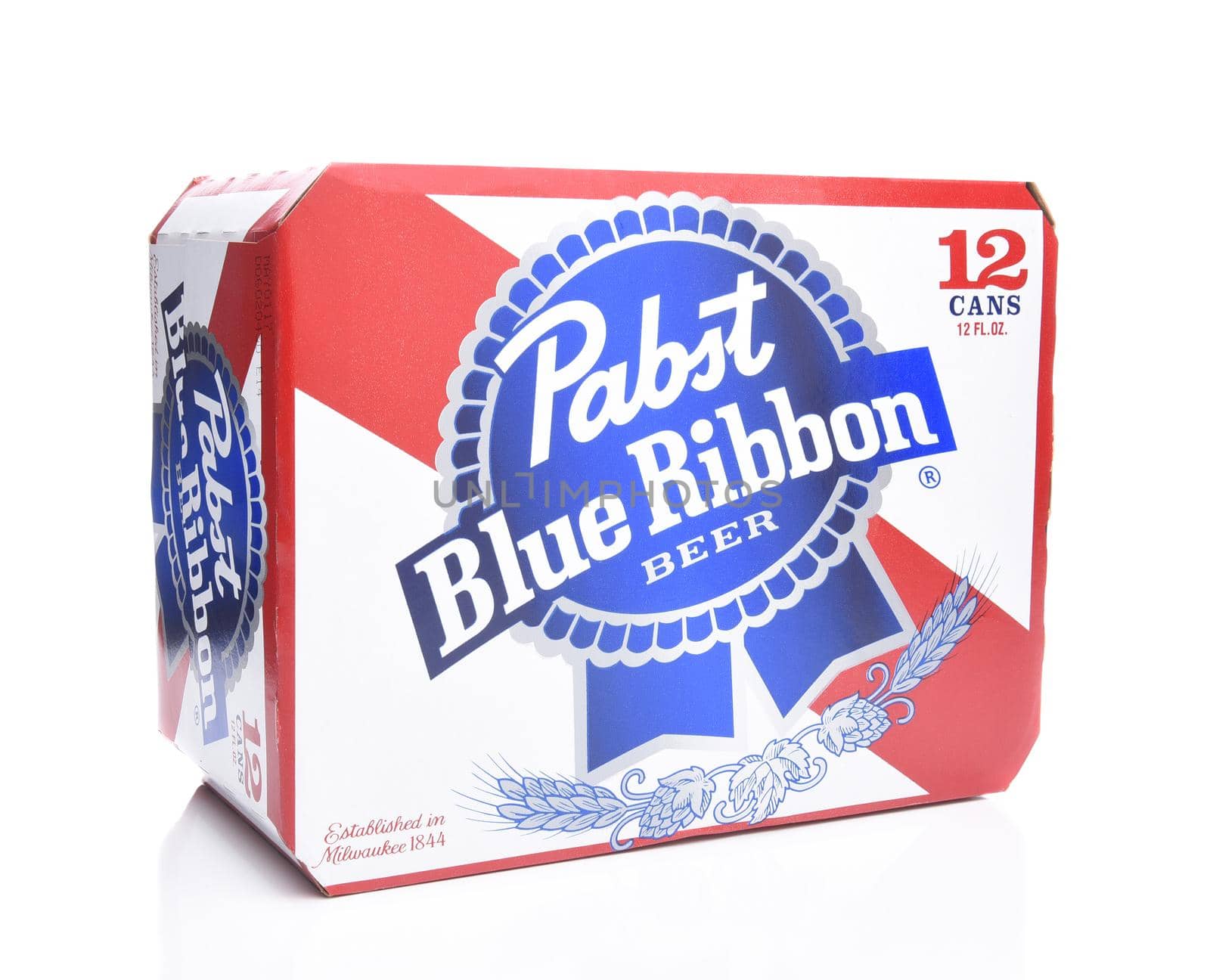 IRVINE, CALIFORNIA - MARCH 16, 2017: Pabst Blue Ribbon Beer. Twelve pack cans of the American brand introduced in 1884 in Milwaukee, currently based in Los Angeles.