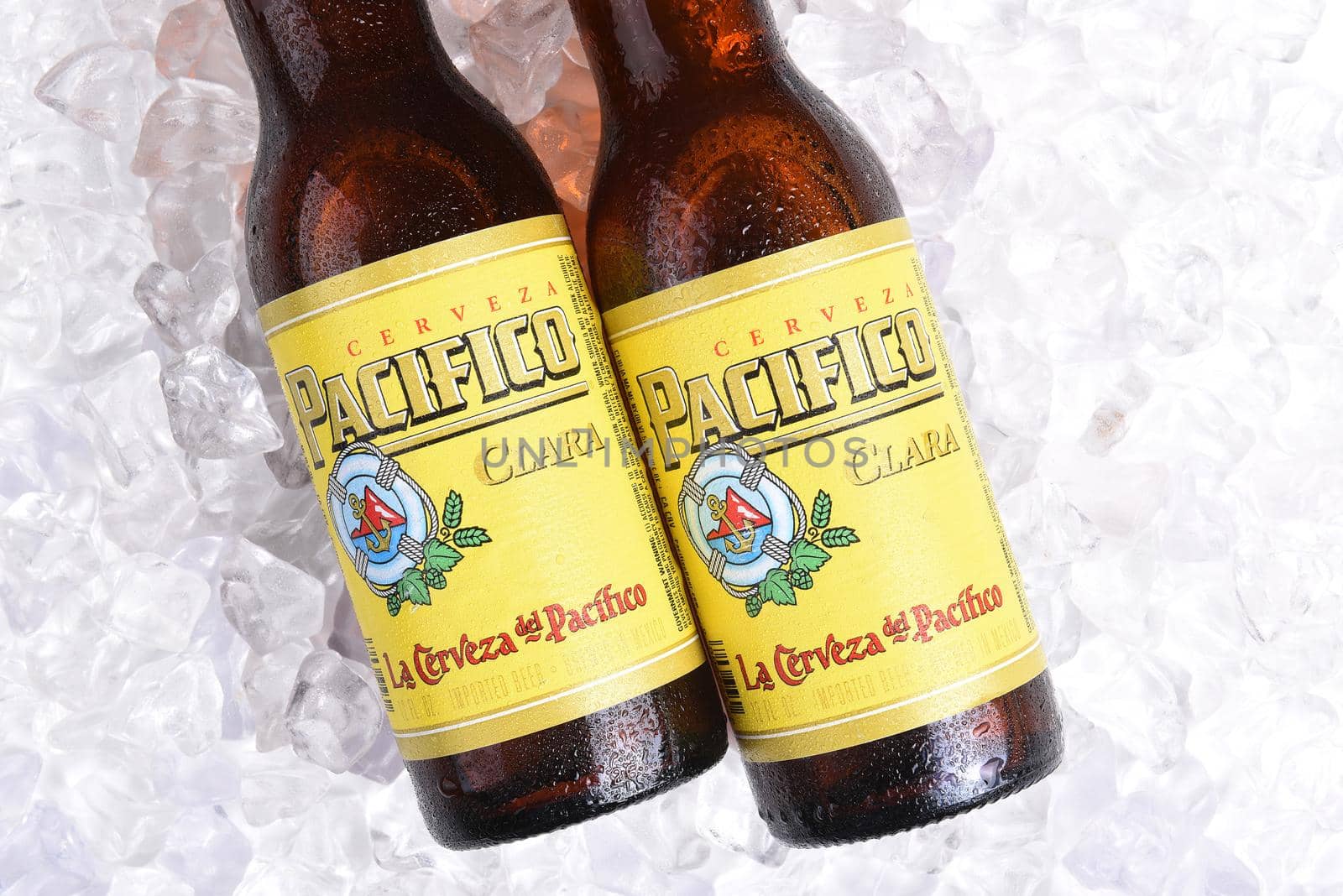 IRVINE, CALIFORNIA - JANUARY 22, 2017: 2 Bottles of Cerveza Pacifico Clara on Ice, better known as Pacifico, is a Mexican pilsner-style beer, brewed in in the Pacific Ocean port city of Mazatlan.