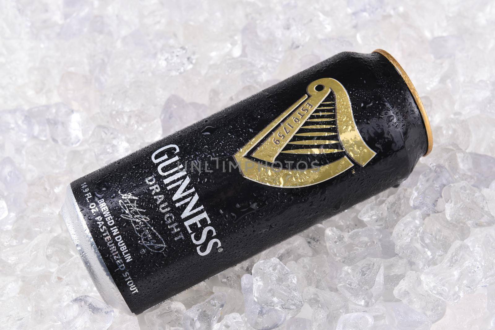 IRVINE, CA - December 15, 2017: A can of Guinness Draught on a bed of ice. The Irish beer is one of the worlds most successful beer brands with annual sales over 850 million liters.
