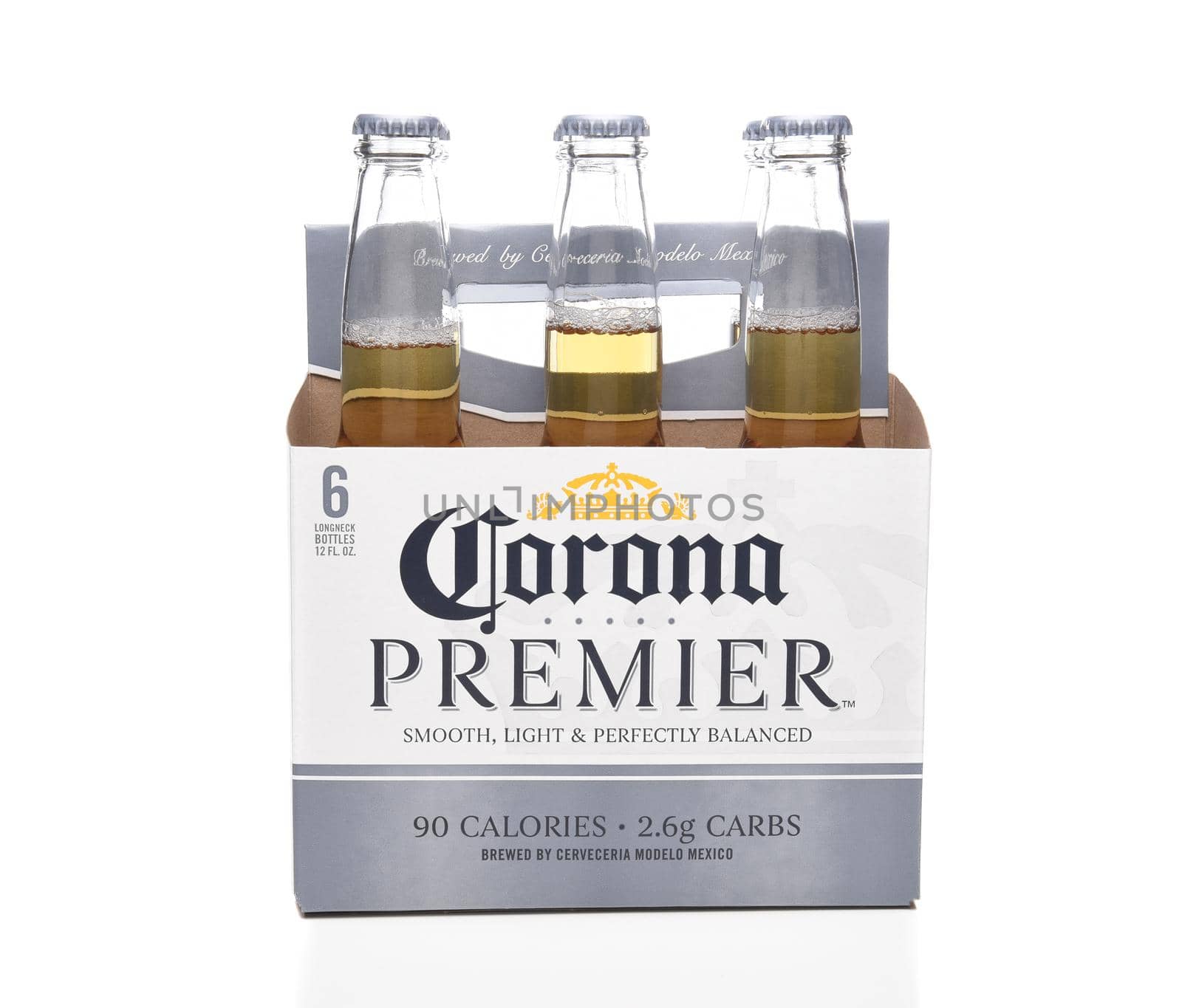 IRVINE, CALIFORNIA - MARCH 21, 2018: 6 pack of Corona Premier side view. Corona Premier is premium light beer with 2.6 grams of carbs and 90 calories.