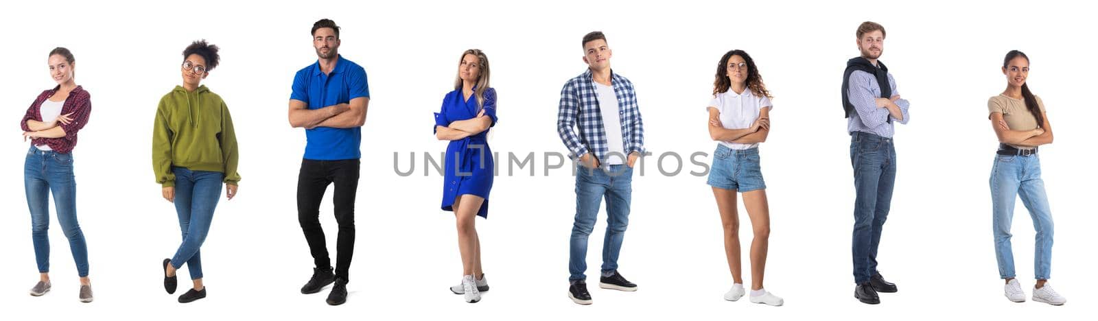 Set of full length portraits of casual people isolated on white background