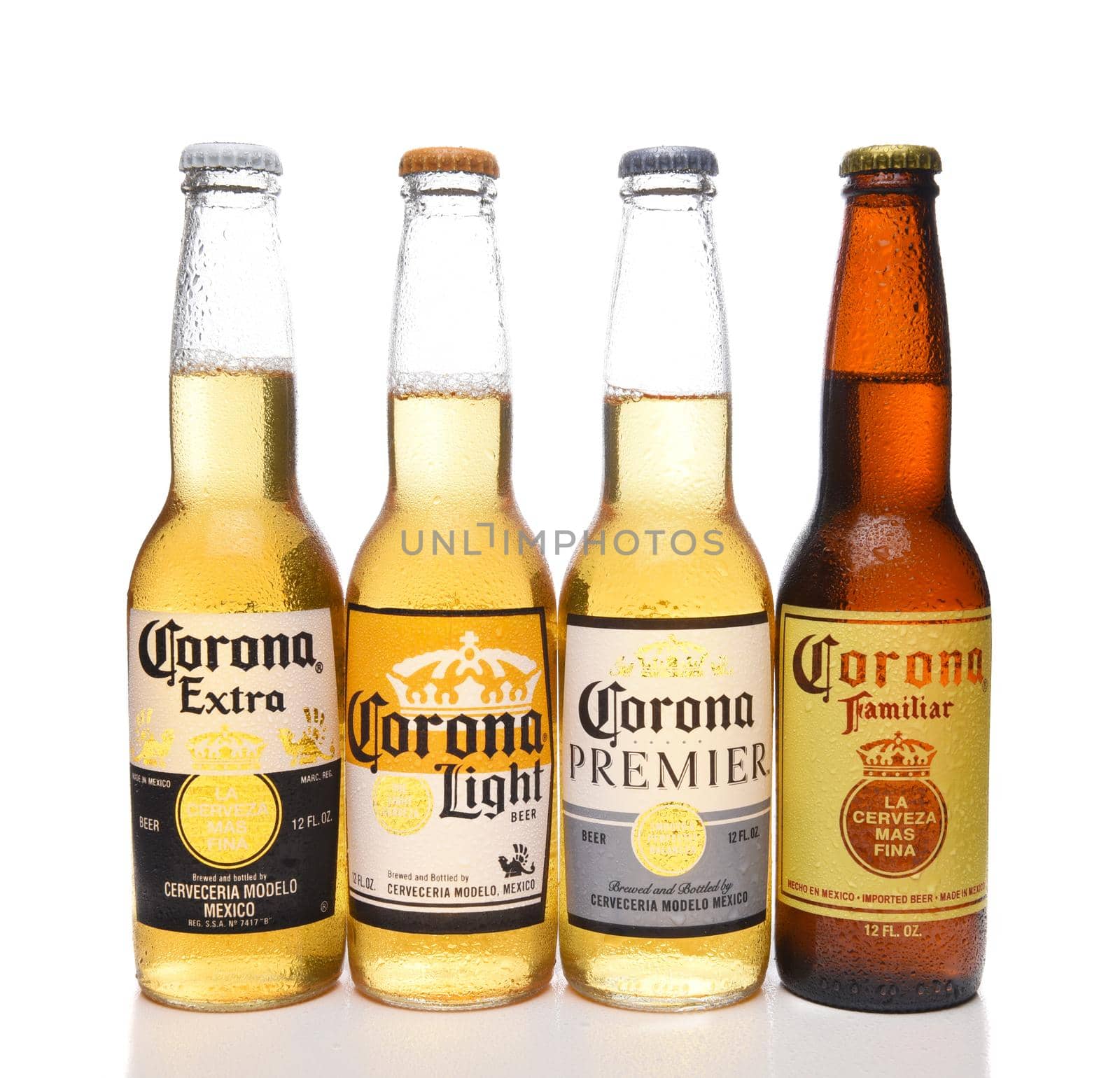 IRVINE, CALIFORNIA - APRIL 5, 2018: Four different bottles of Corona Beers, including, Extra, Light, Premier and Familiar.