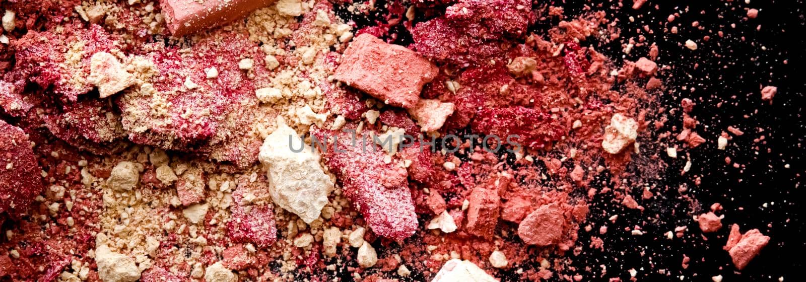 Crushed cosmetics, mineral organic eyeshadow, blush and cosmetic powder isolated on black background, makeup and beauty banner, flatlay design.