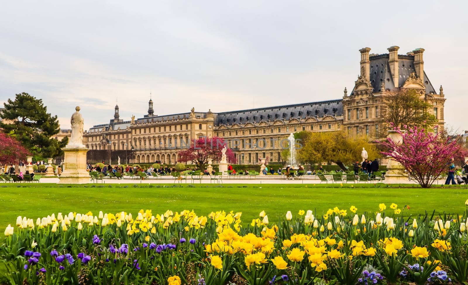 Marvelous spring Tuileries garden and view at the Louvre Palace in Paris France. April 2019 by Olayola