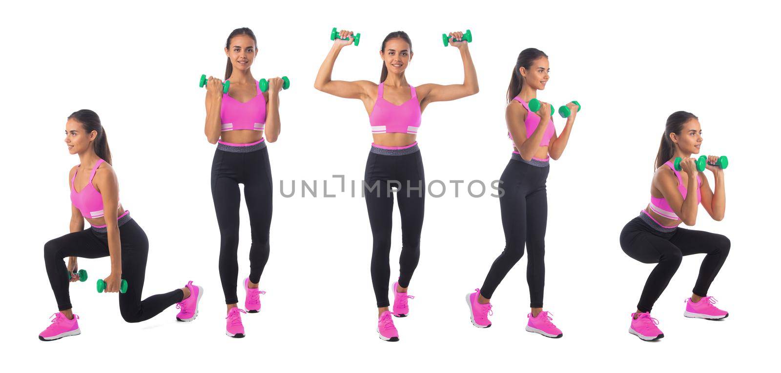 Fit, healthy and sporty woman in sportswear making physical exercises with dumbbells isolated on white background. Set collection.