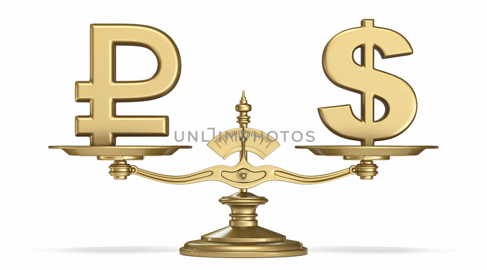 Rubles and dollar currencies sign on golden scale 3D render illustration isolated on white background
