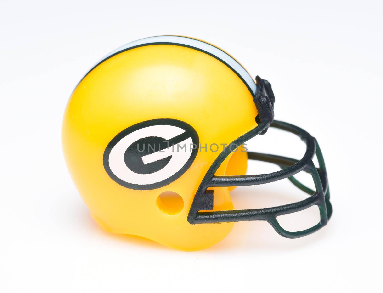 IRVINE, CALIFORNIA - AUGUST 30, 2018: Mini Collectable Football Helmet for the Green Bay Packers of the National Football Conference North.