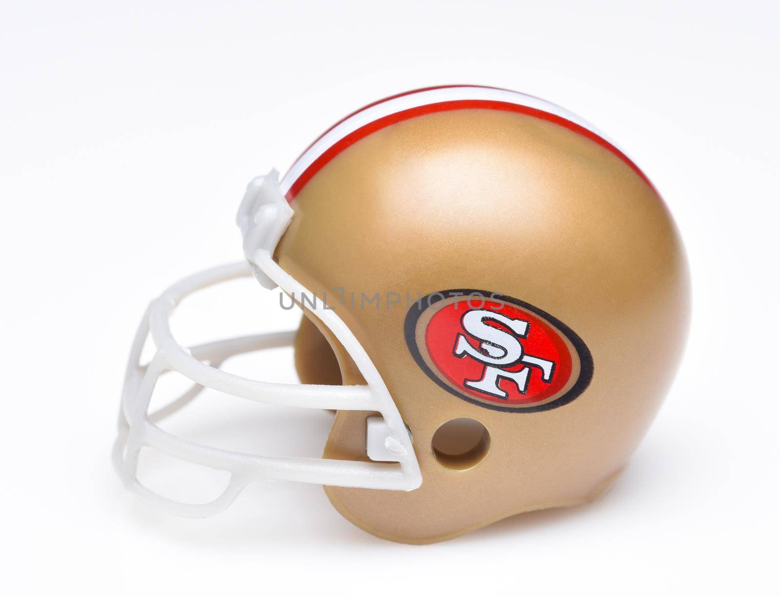 IRVINE, CALIFORNIA - AUGUST 30, 2018: Mini Collectable Football Helmet for the San Francisco 49ers of the National Football Conference West.