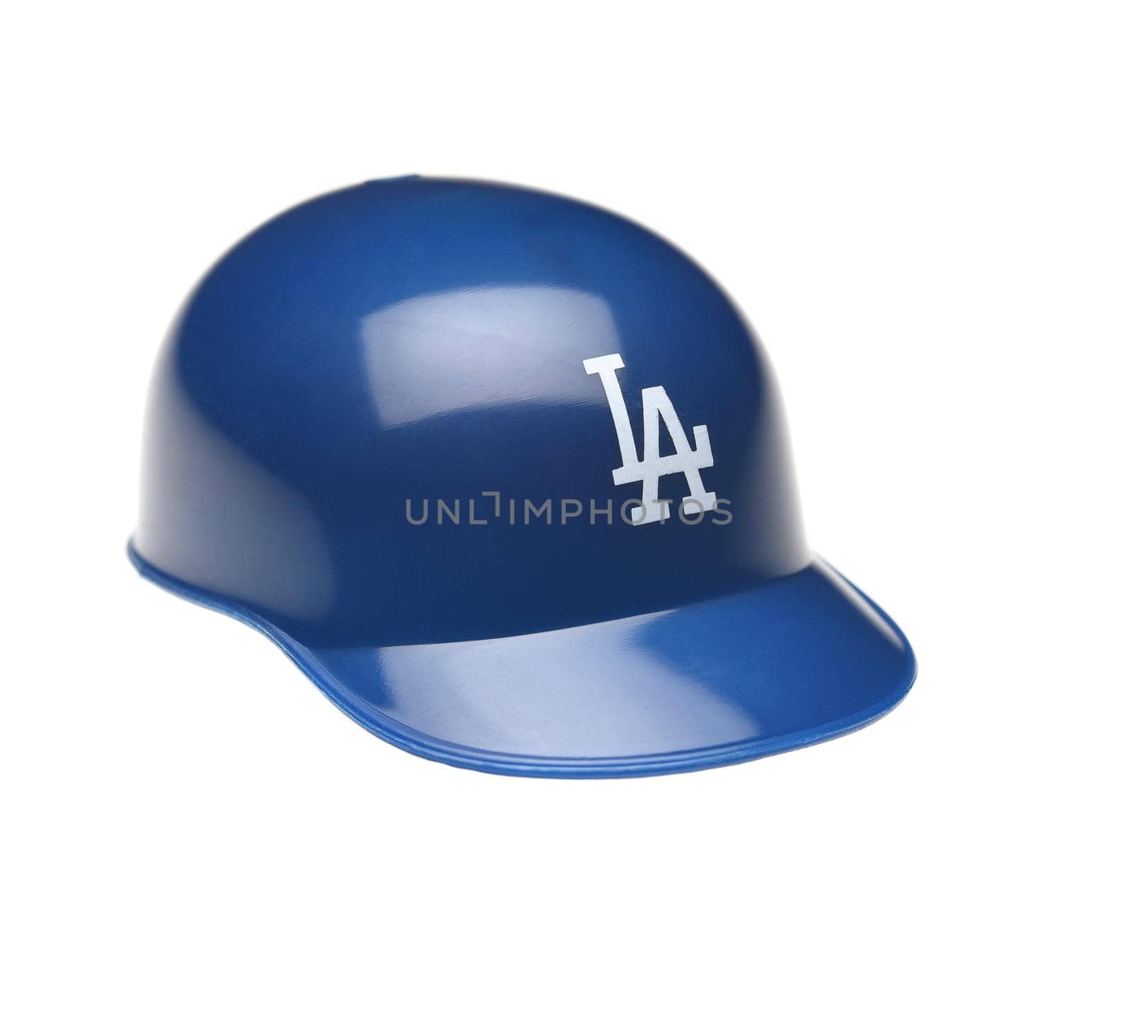 IRVINE, CALIFORNIA - FEBRUARY 27, 2019:  Closeup of a mini collectable batters helmet for the Los Angeles Dodgers of Major League Baseball.