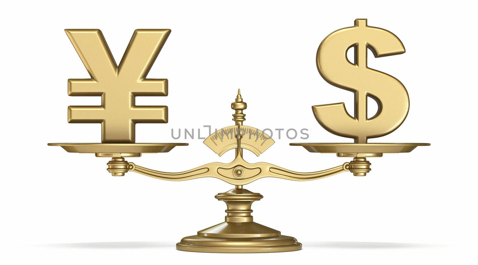 Yen and dollar currencies sign on golden scale 3D render illustration isolated on white background