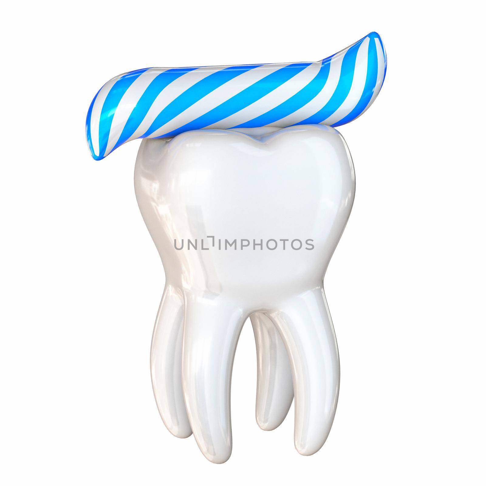 Tooth with blue toothpaste 3D render illustration isolated on white background