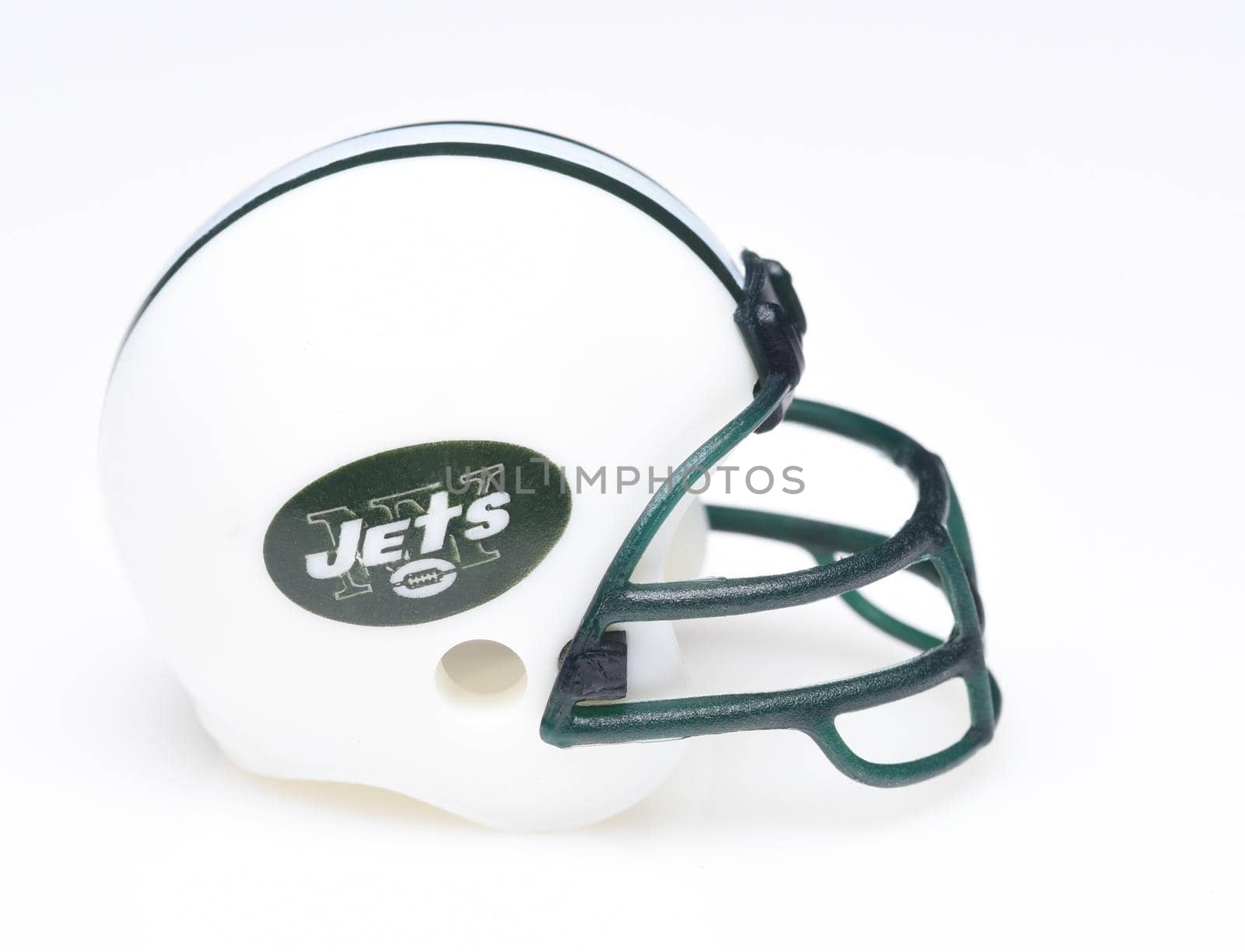 IRVINE, CALIFORNIA - AUGUST 30, 2018: Mini Collectable Football Helmet for the New York Jets of the American Football Conference East.