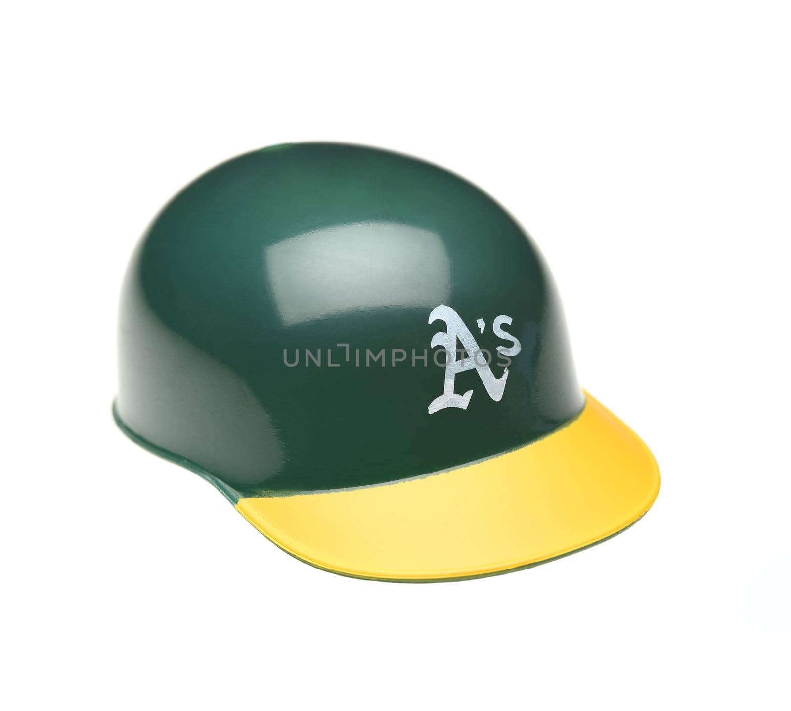 Closeup of a mini collectable batters helmet for the Oakland A's by sCukrov