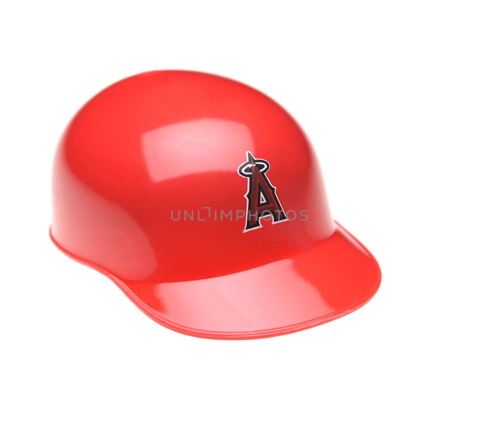 IRVINE, CALIFORNIA - FEBRUARY 27, 2019:  Closeup of a mini collectable batters helmet for the Los Angeles Angels of Anaheim of Major League Baseball.
